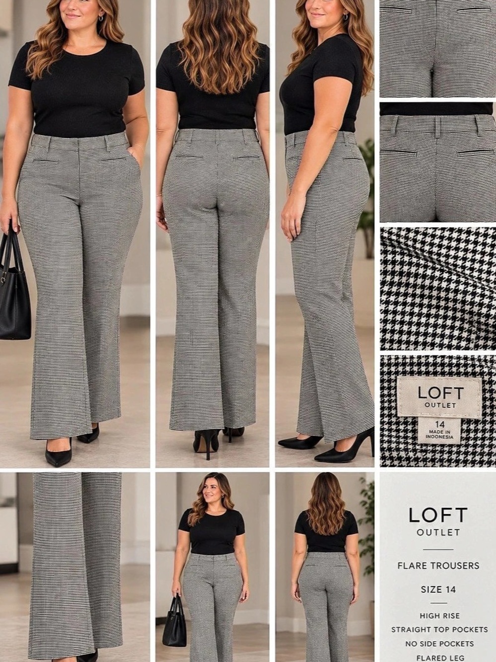 Loft Outlet Wide Leg Trousers Houndstooth Black & Tan Size 14
